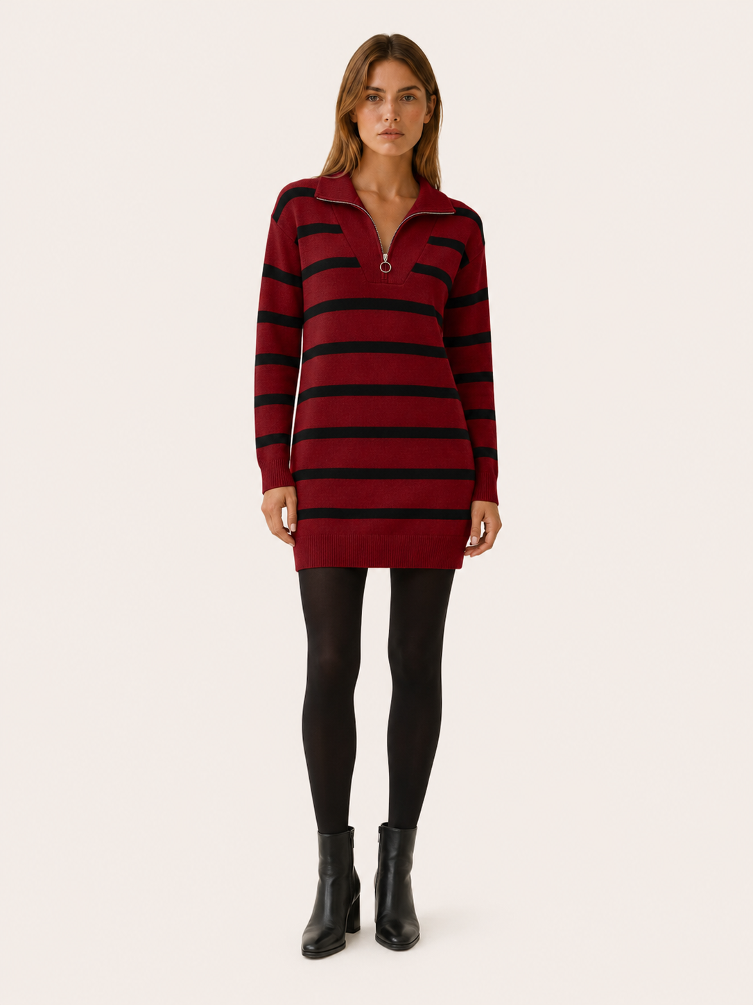 Ravessia | Jumper Dress with Quarter Zip and Striped Detail