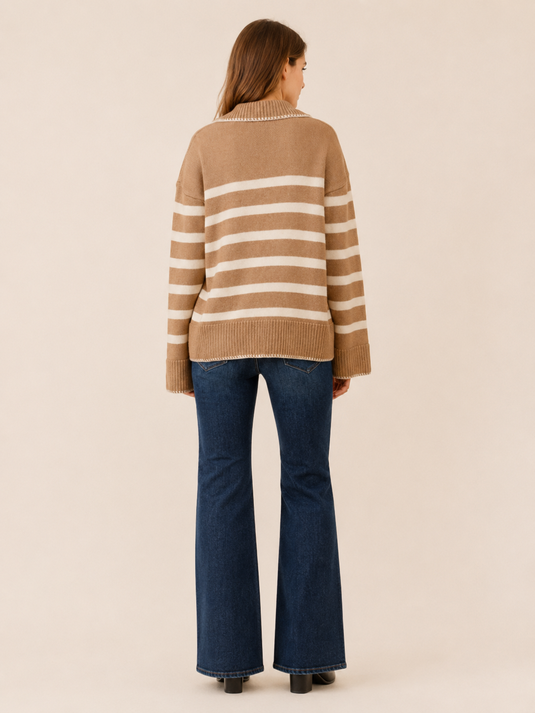 Rhiannon | Striped Jumper with V-Neck Collar and Wide Sleeves