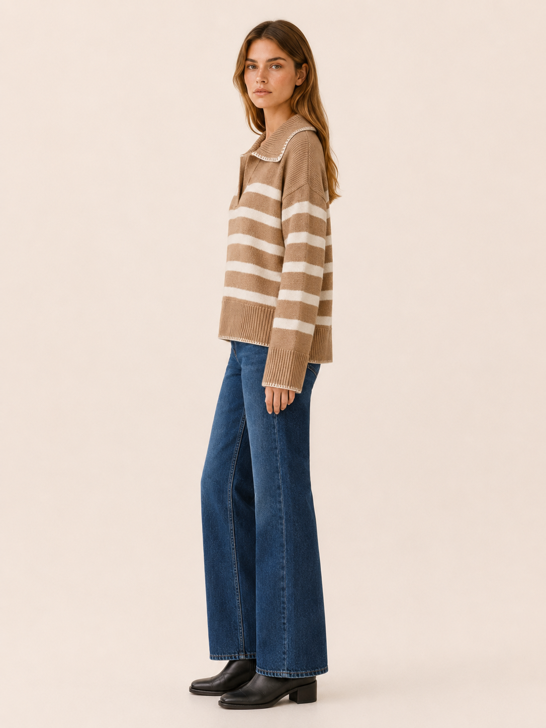 Rhiannon | Striped Jumper with V-Neck Collar and Wide Sleeves