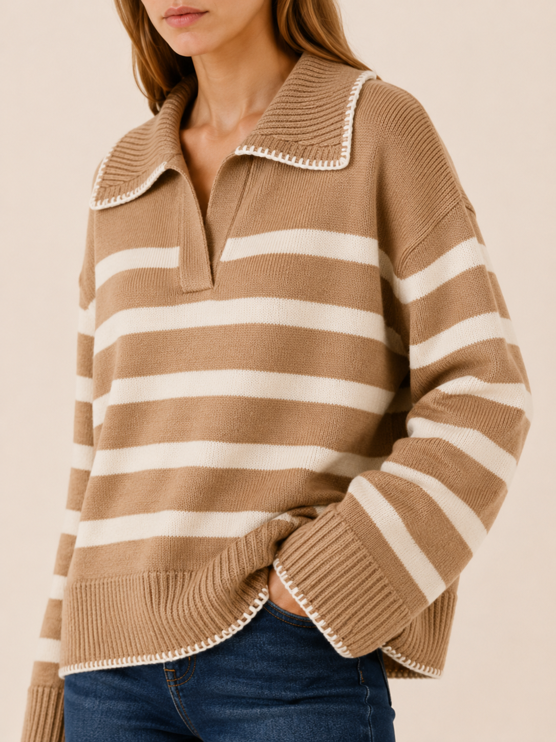 Rhiannon | Striped Jumper with V-Neck Collar and Wide Sleeves