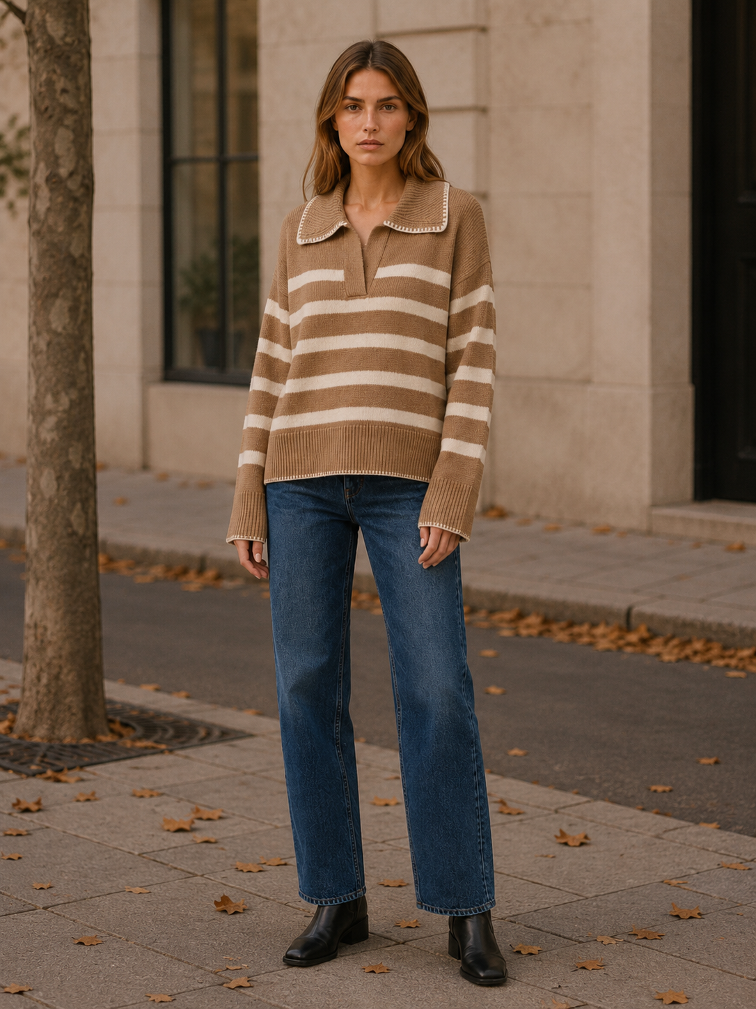 Rhiannon | Striped Jumper with V-Neck Collar and Wide Sleeves