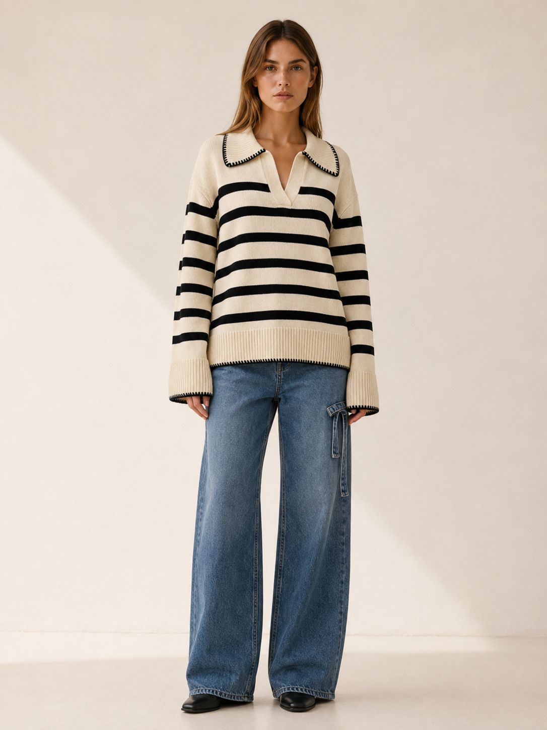Rhiannon | Striped Jumper with V-Neck Collar and Wide Sleeves