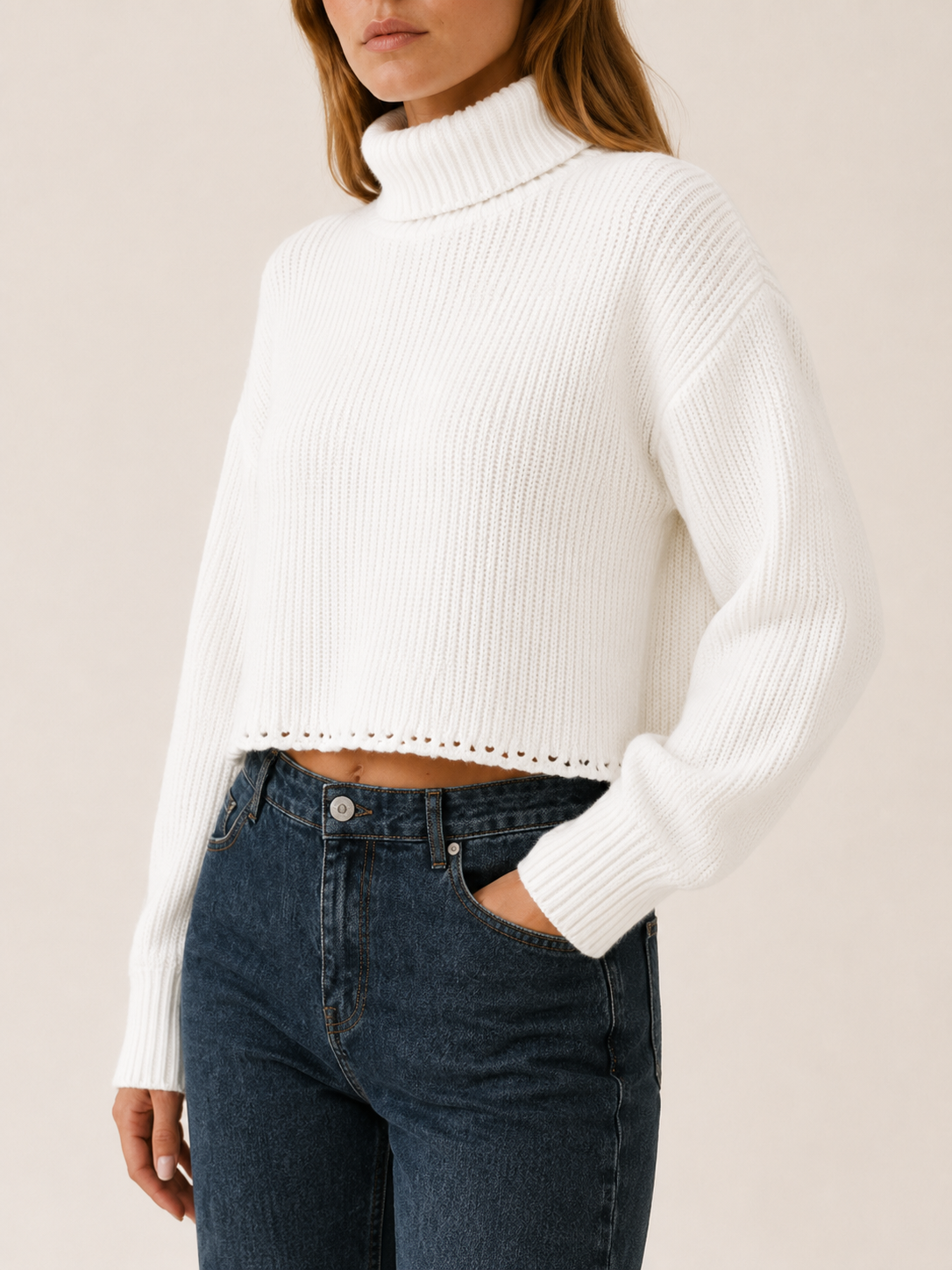 Rhosara | Cropped Jumper with Roll Neck and Dropped Shoulders