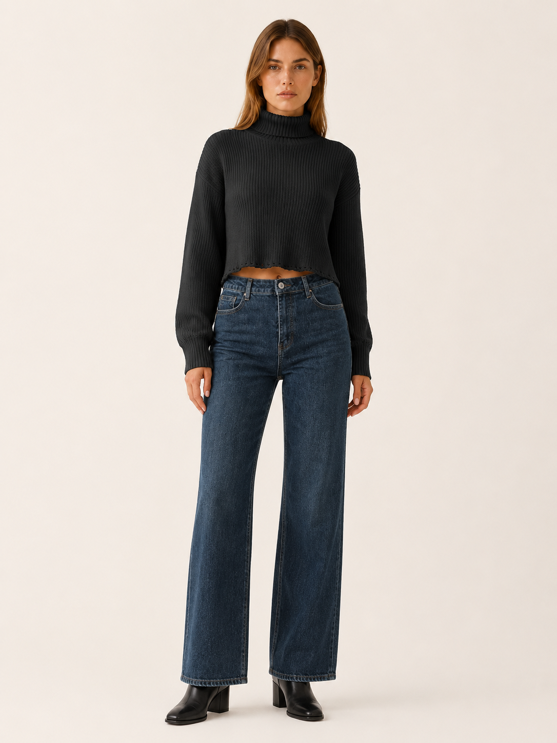 Rhosara | Cropped Jumper with Roll Neck and Dropped Shoulders