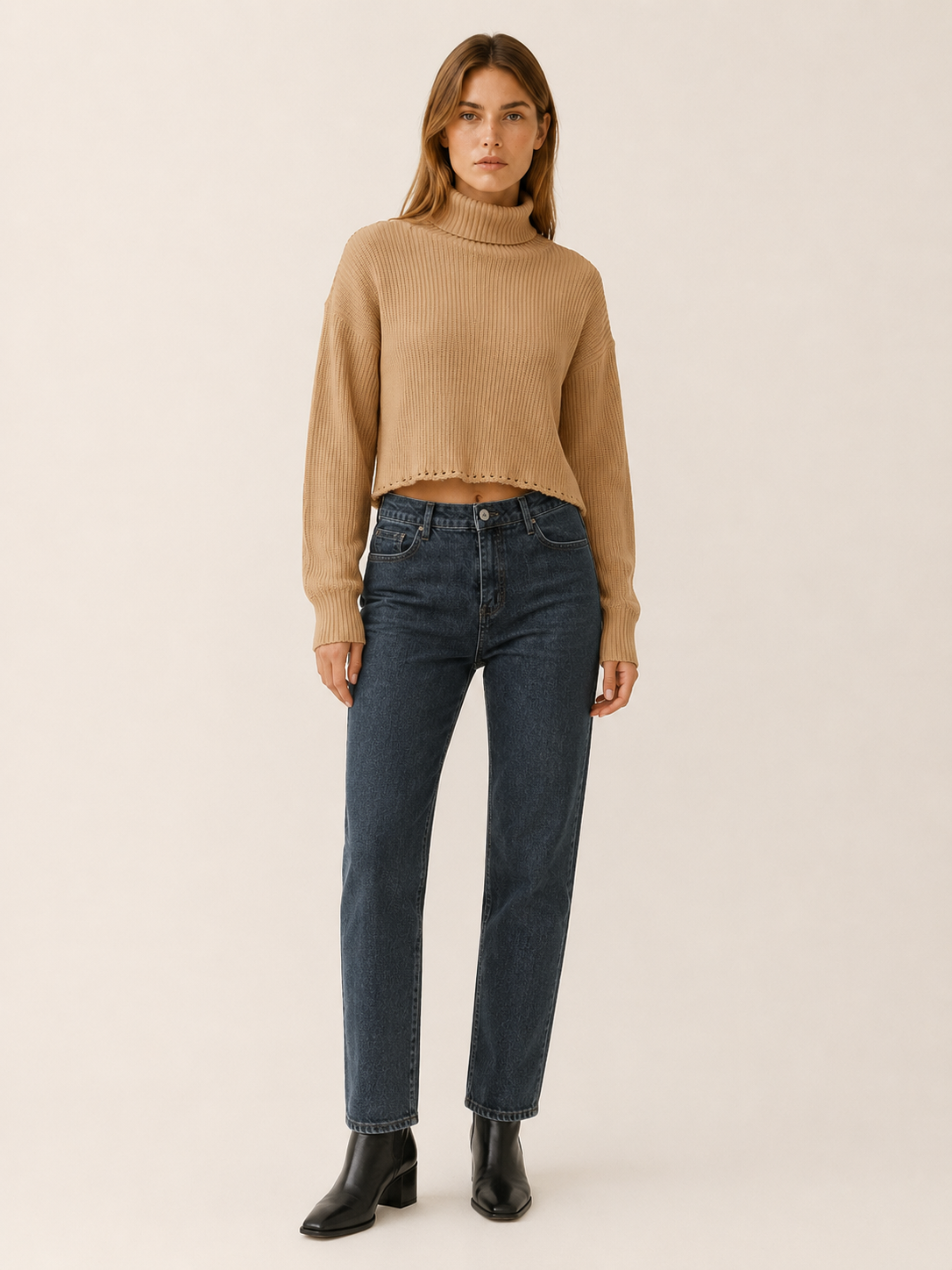 Rhosara | Cropped Jumper with Roll Neck and Dropped Shoulders
