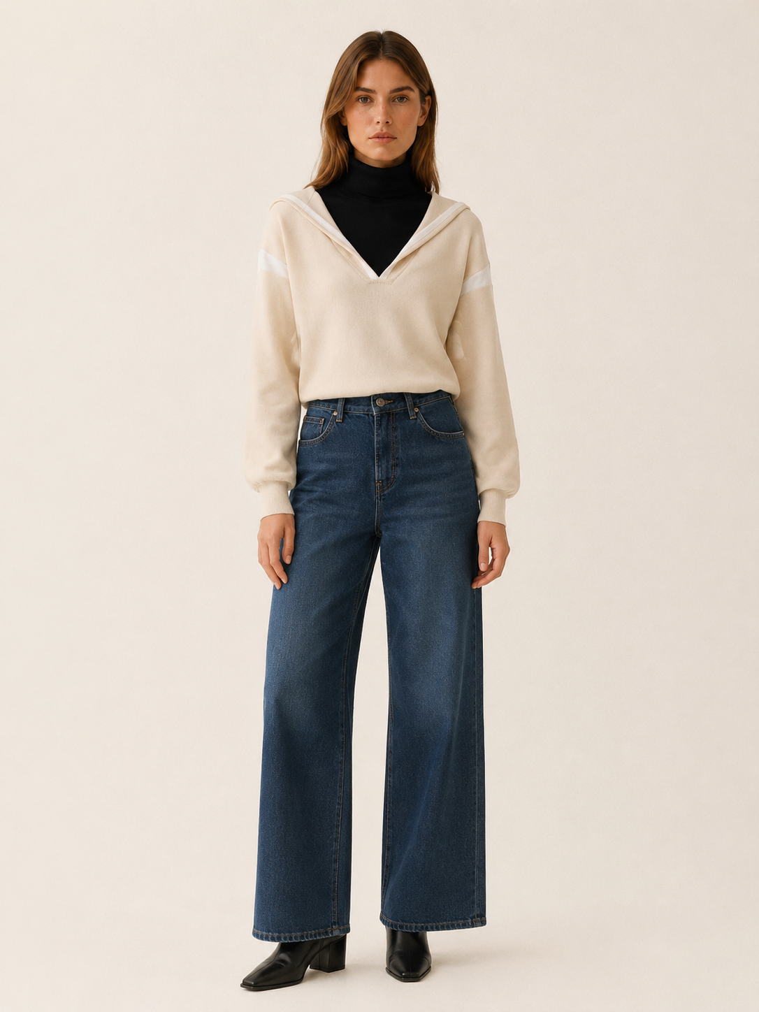 Rhyvella | Hooded Jumper with Contrast Trim and Layered Neckline