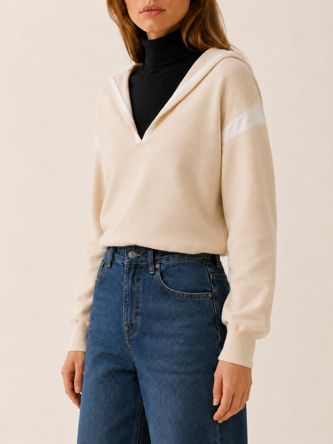Rhyvella | Hooded Jumper with Contrast Trim and Layered Neckline