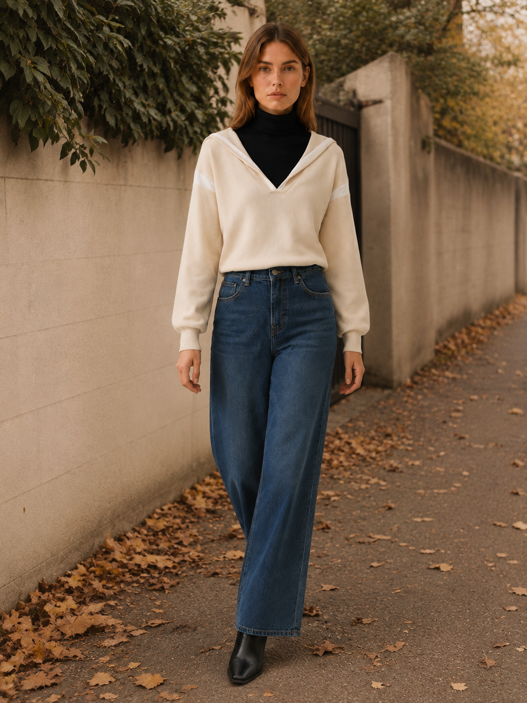 Rhyvella | Hooded Jumper with Contrast Trim and Layered Neckline