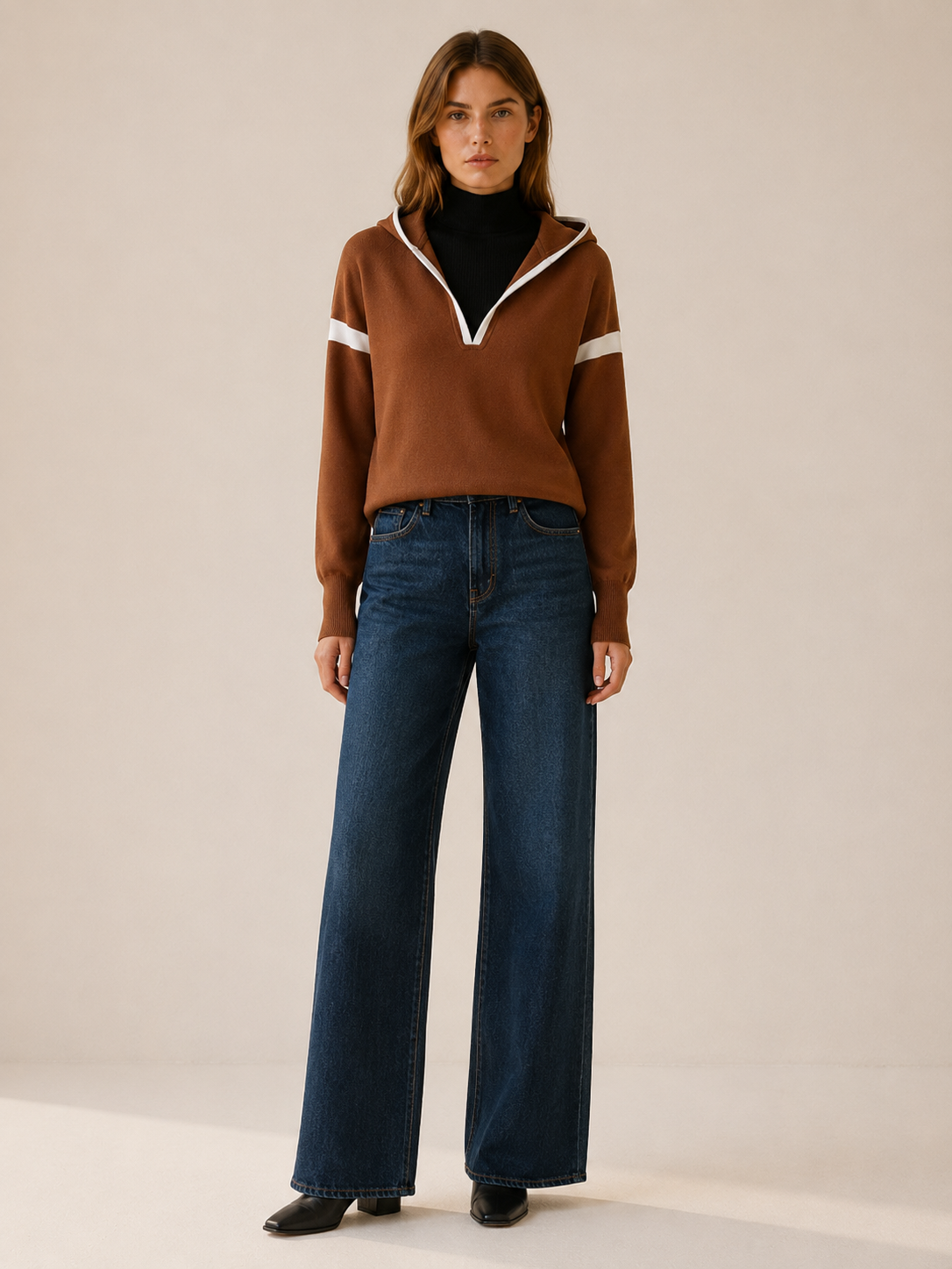 Rhyvella | Hooded Jumper with Contrast Trim and Layered Neckline