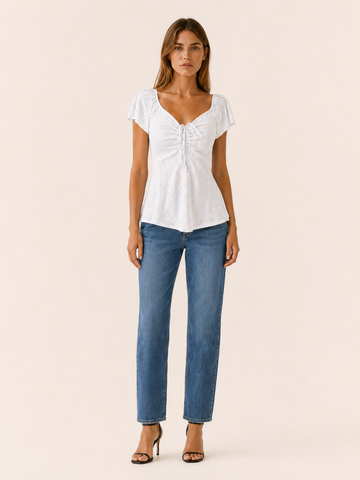 Romina | Eyelet Blouse with Puff Sleeves and Tie Front