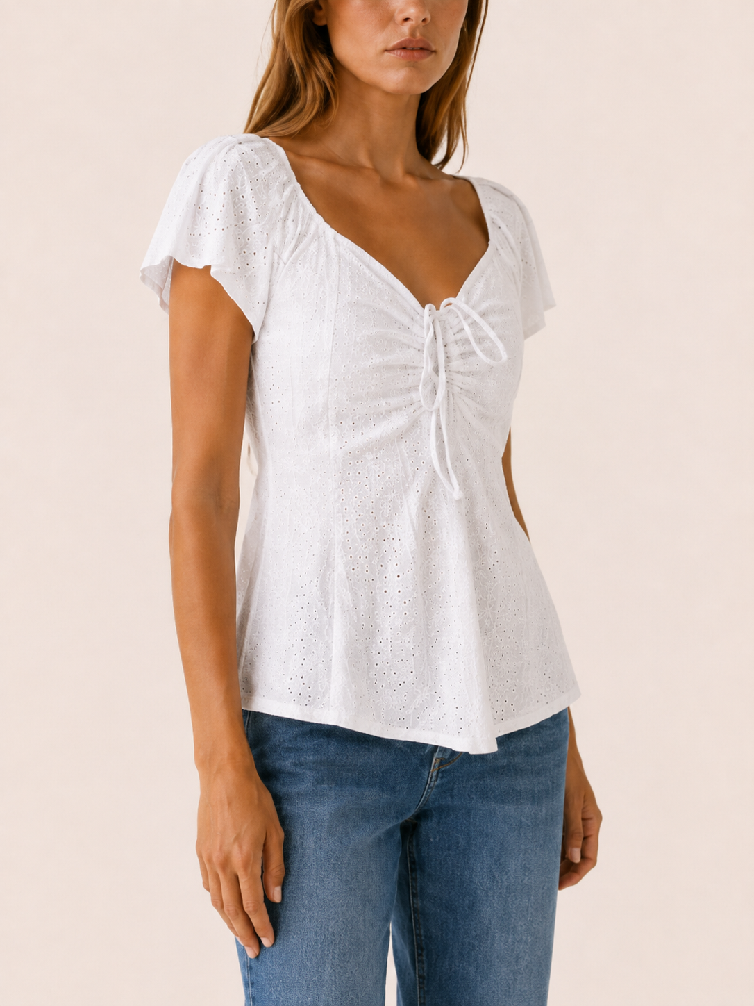 Romina | Eyelet Blouse with Puff Sleeves and Tie Front