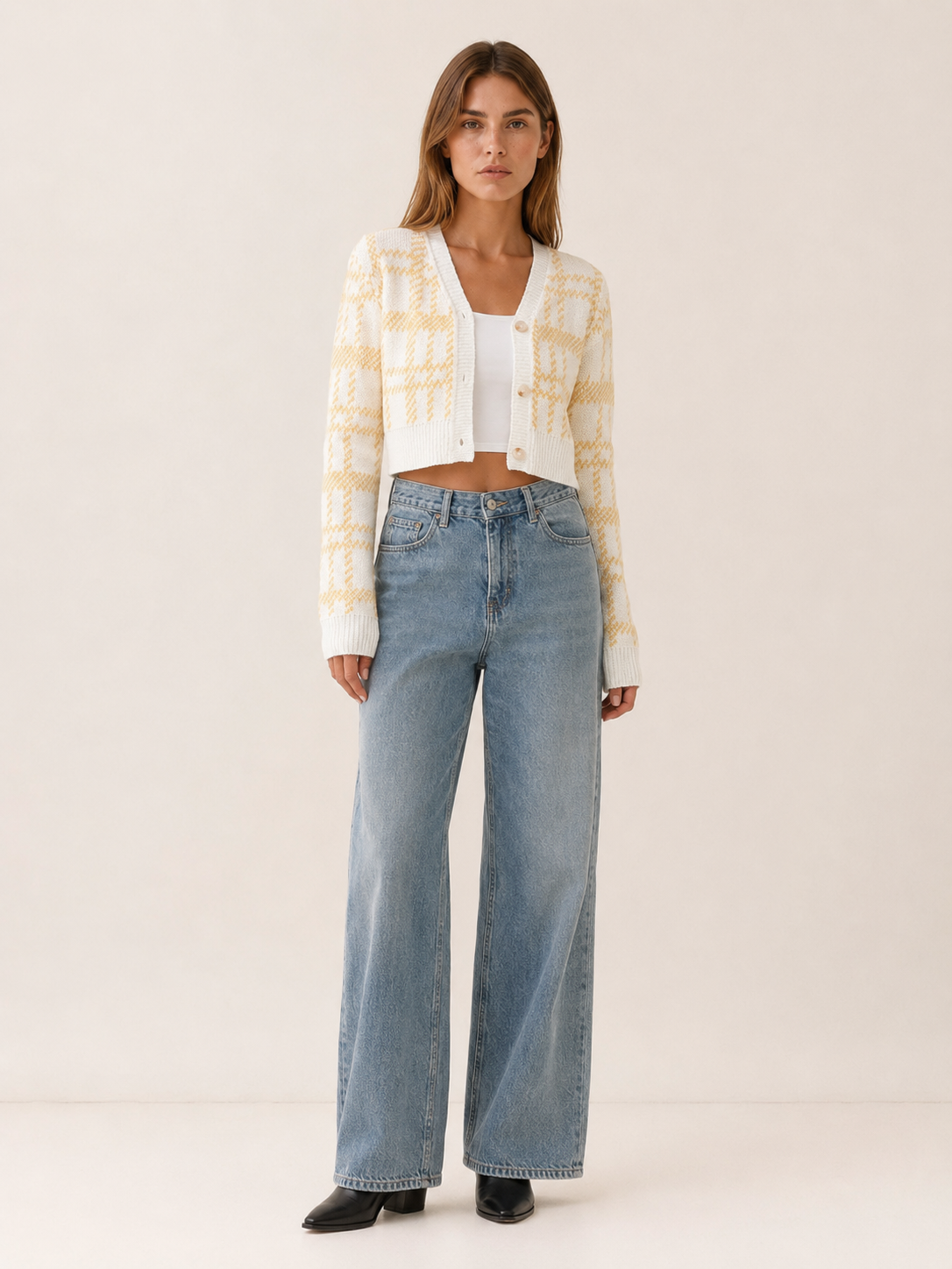 Rovixa | Cropped Cardigan with V Neck Plaid Design