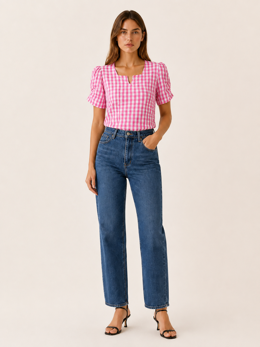 Ruelle | Gingham Blouse with Puff Sleeves