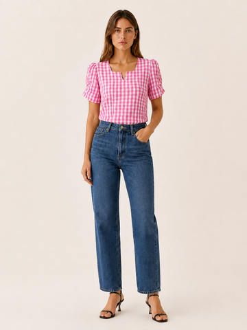Ruelle | Gingham Blouse with Puff Sleeves