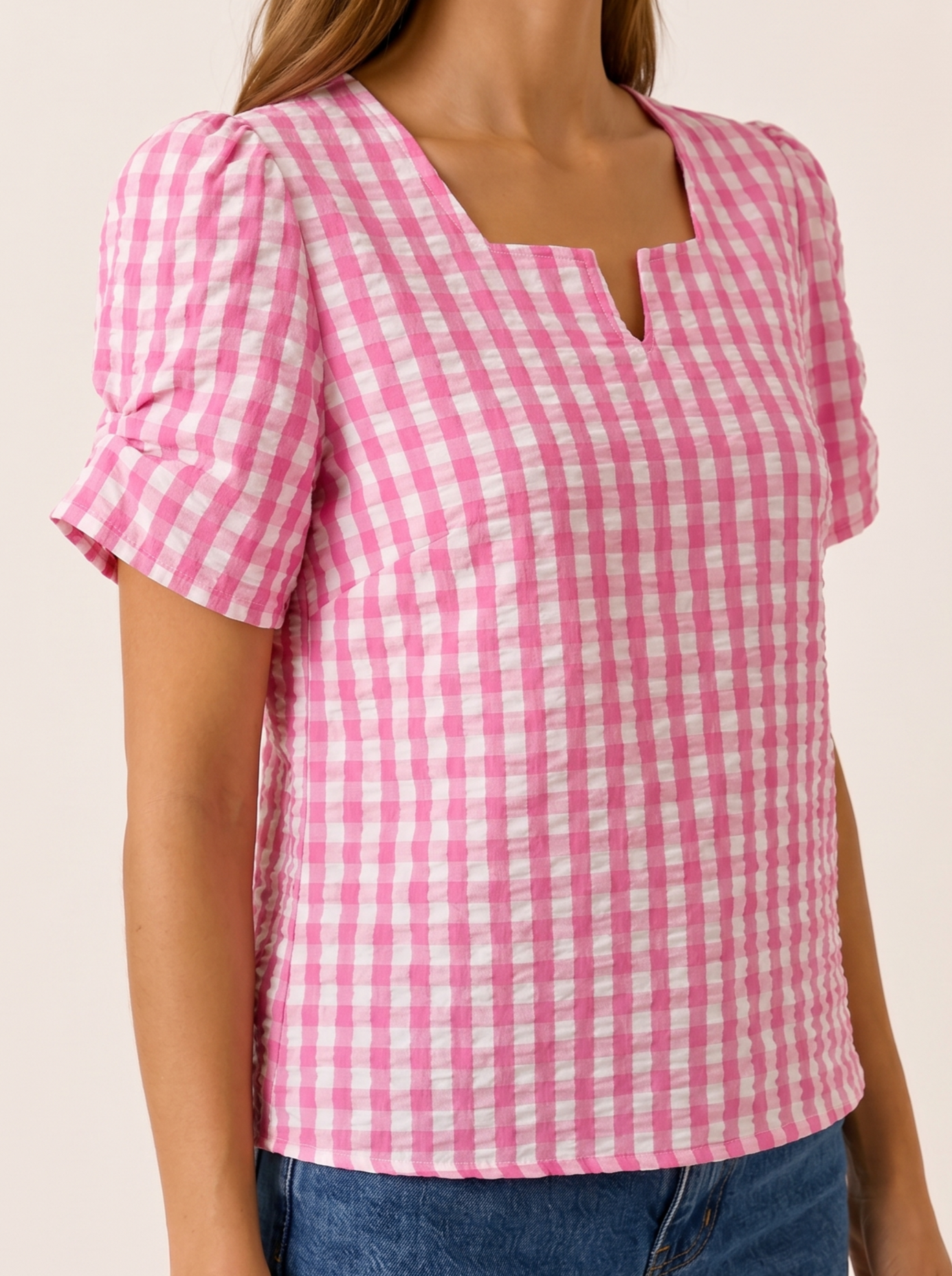 Ruelle | Gingham Blouse with Puff Sleeves