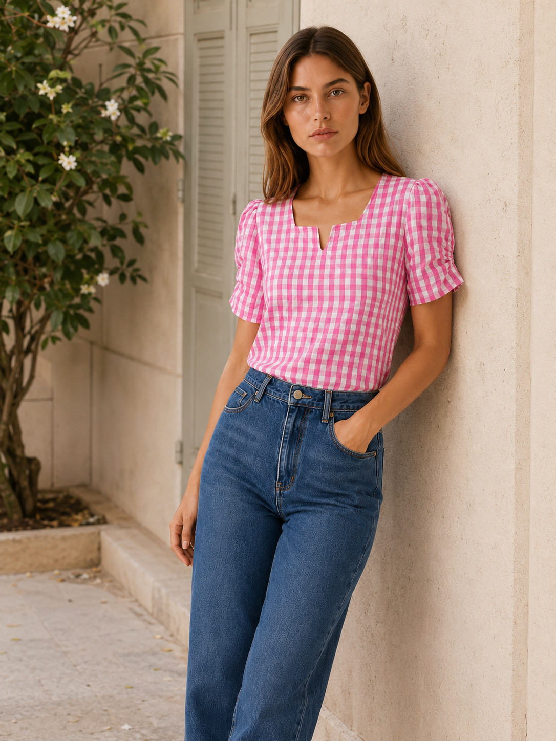 Ruelle | Gingham Blouse with Puff Sleeves
