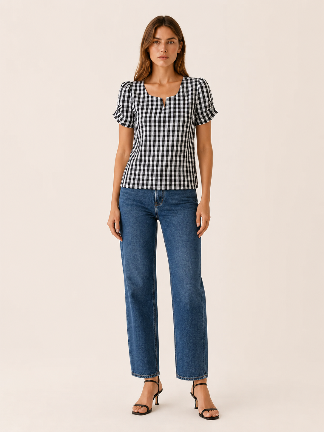 Ruelle | Gingham Blouse with Puff Sleeves