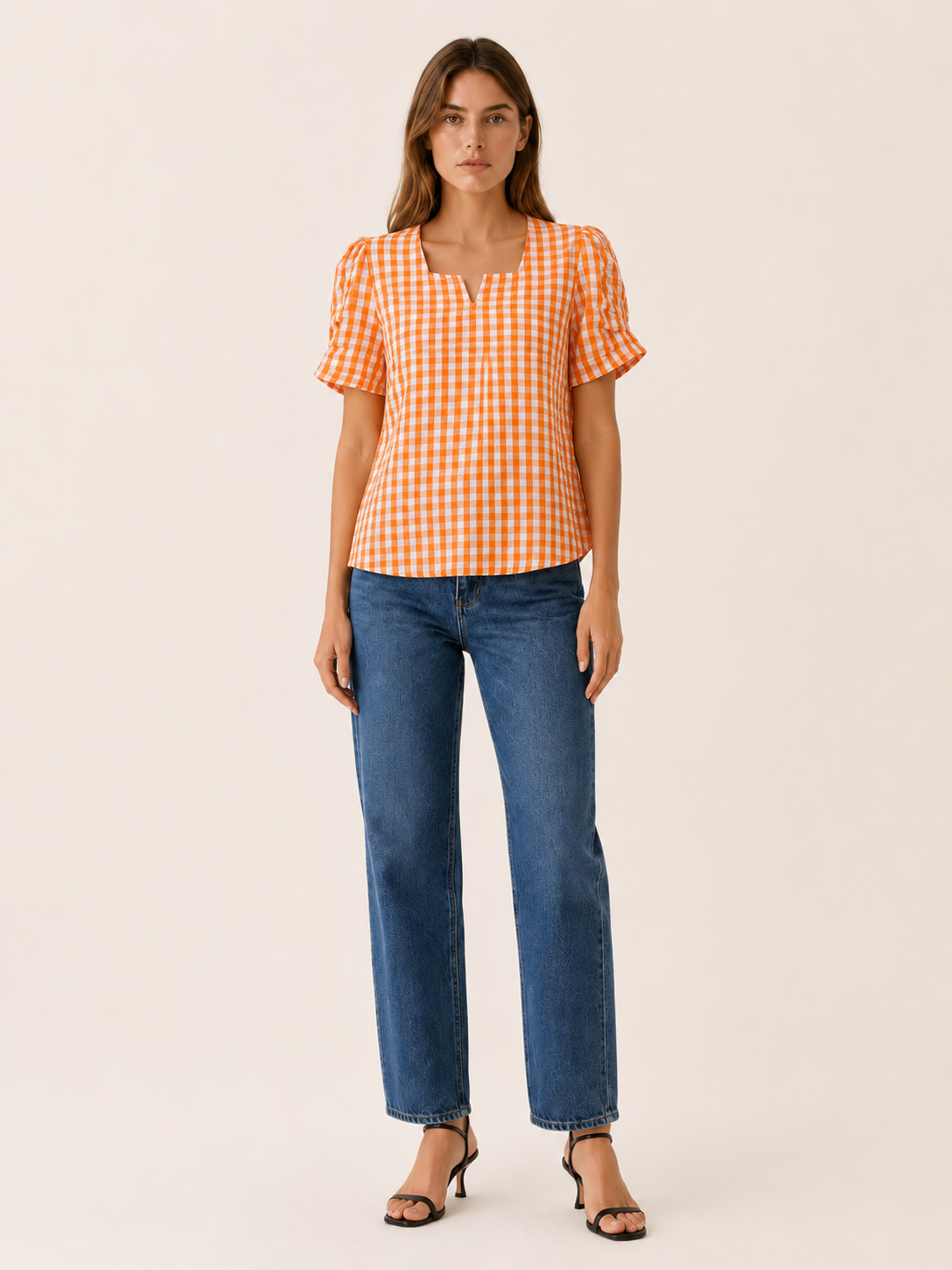 Ruelle | Gingham Blouse with Puff Sleeves