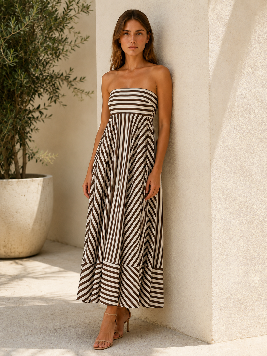Saffron | Striped Maxi Dress with Strapless Bodice Cotton Summer Dress