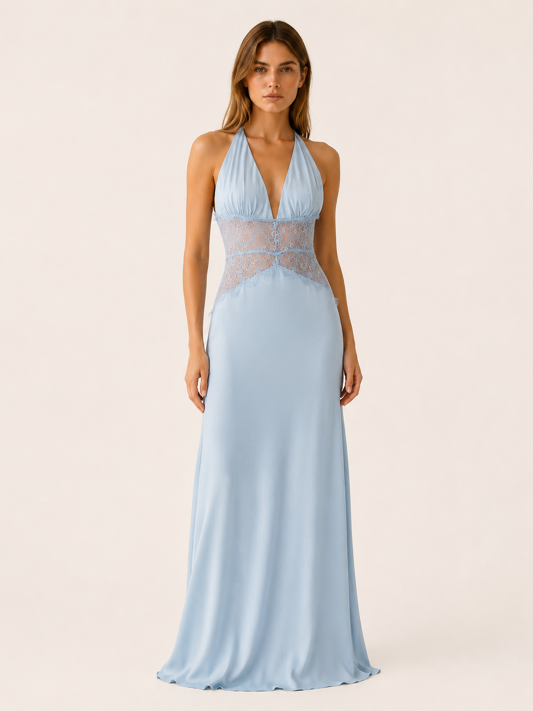 Saira | Halter Neck Maxi Dress with Lace Waist Detail