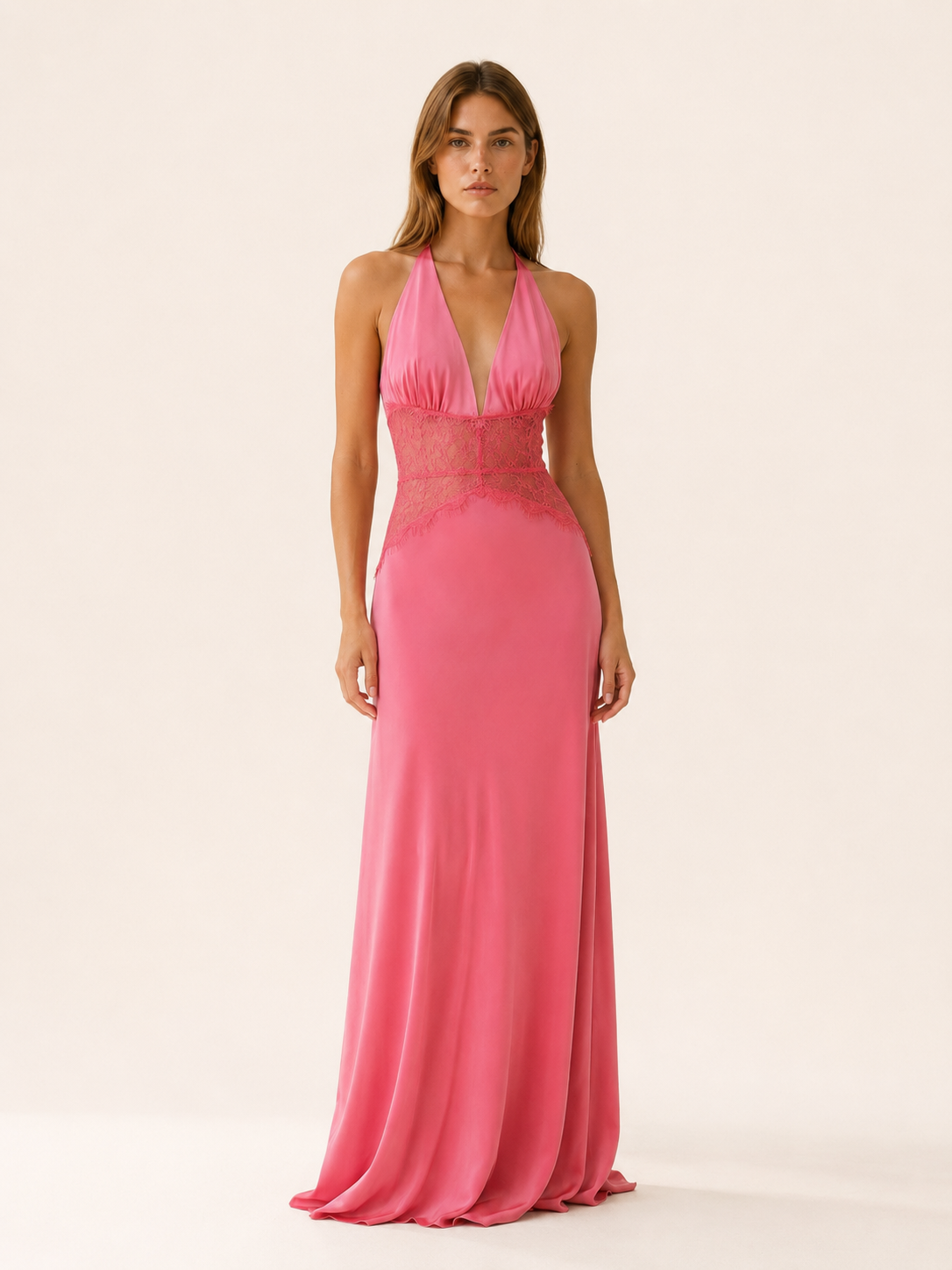 Saira | Halter Neck Maxi Dress with Lace Waist Detail