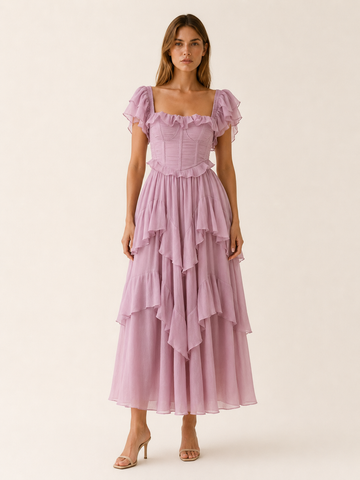 Senovi | Chiffon Co-ord Set with Corset Top and Tiered Skirt