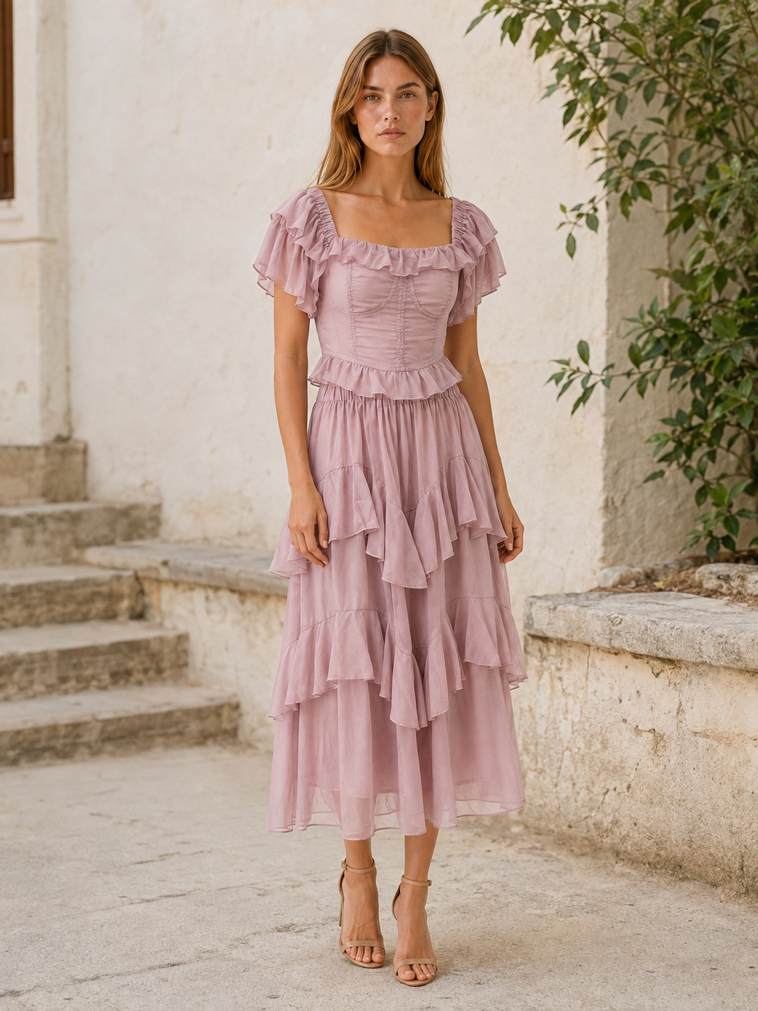 Senovi | Chiffon Co-ord Set with Corset Top and Tiered Skirt