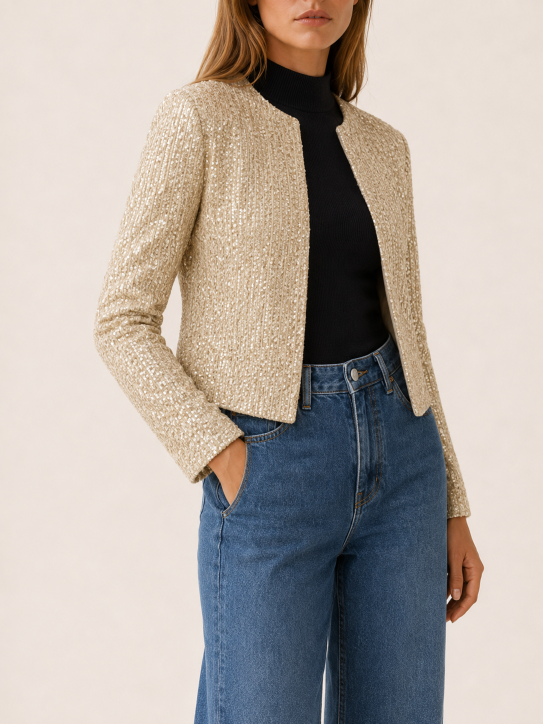 Seren | Cropped Blazer with Sequin Detail and Open Front
