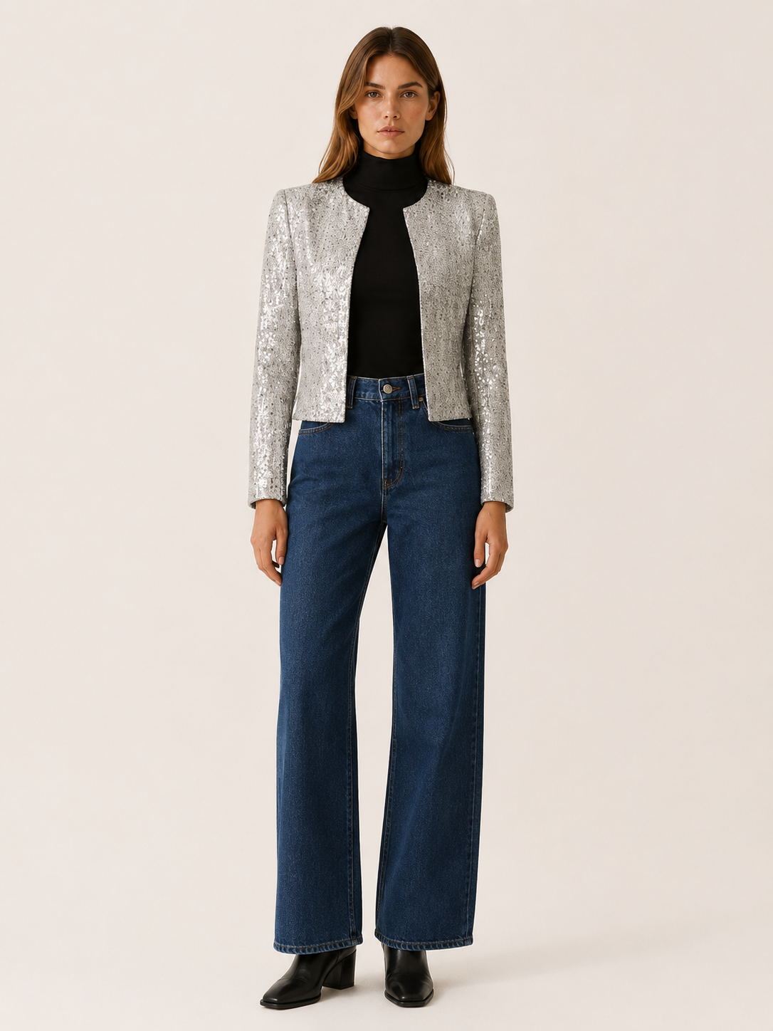 Seren | Cropped Blazer with Sequin Detail and Open Front