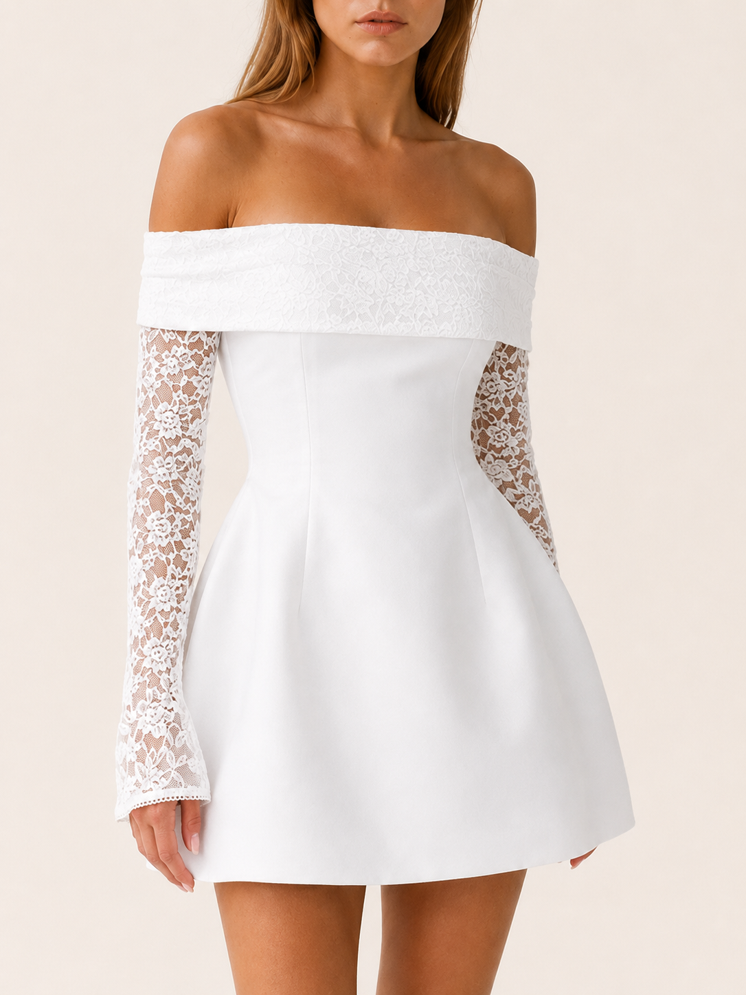 Seren | Off-Shoulder Mini Dress with Lace Sleeves Flared Skirt