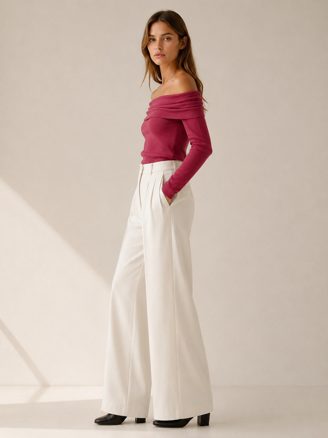 Serilda | Off Shoulder Top with Foldover Neckline and Long Sleeves