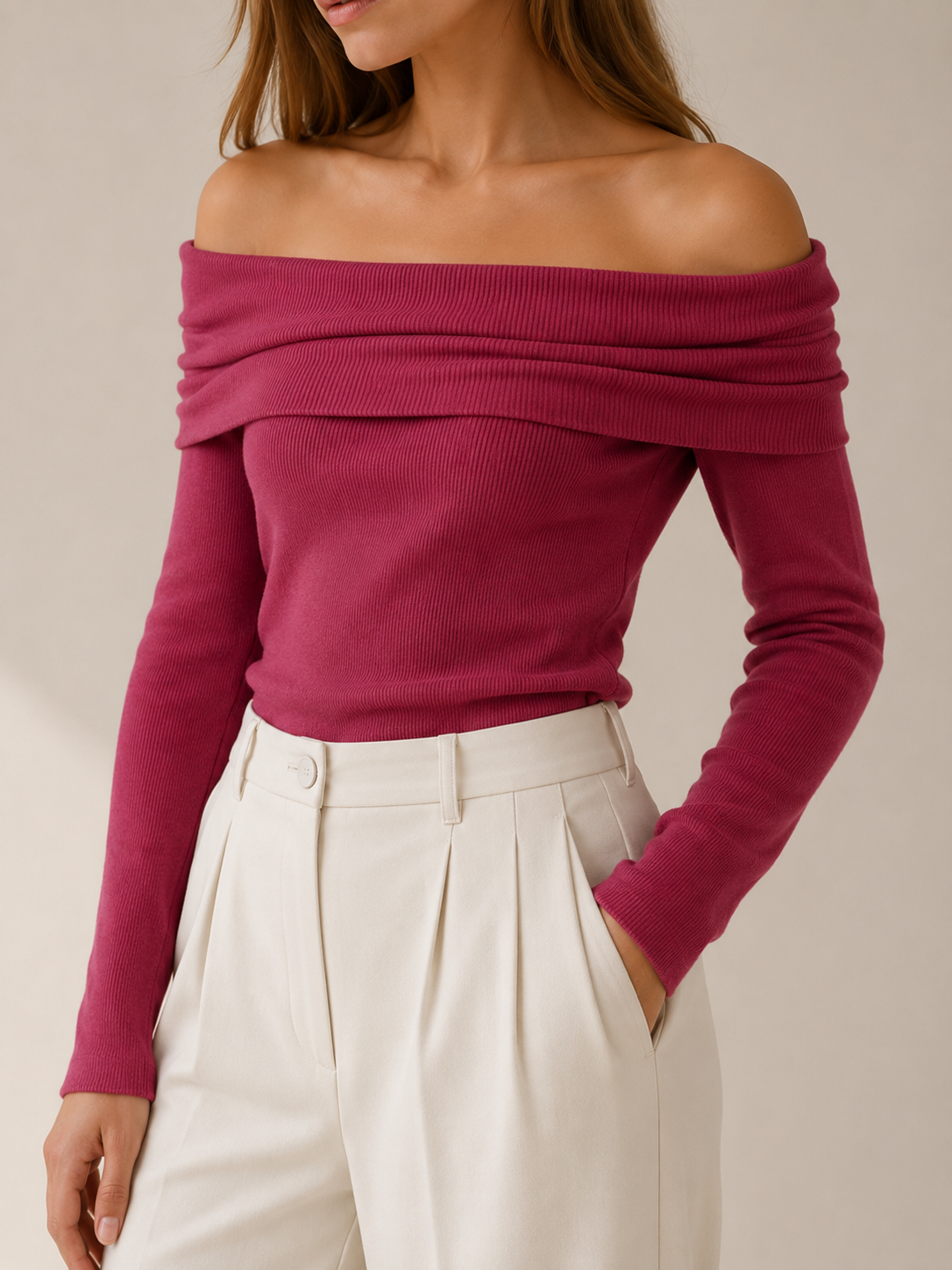 Serilda | Off Shoulder Top with Foldover Neckline and Long Sleeves