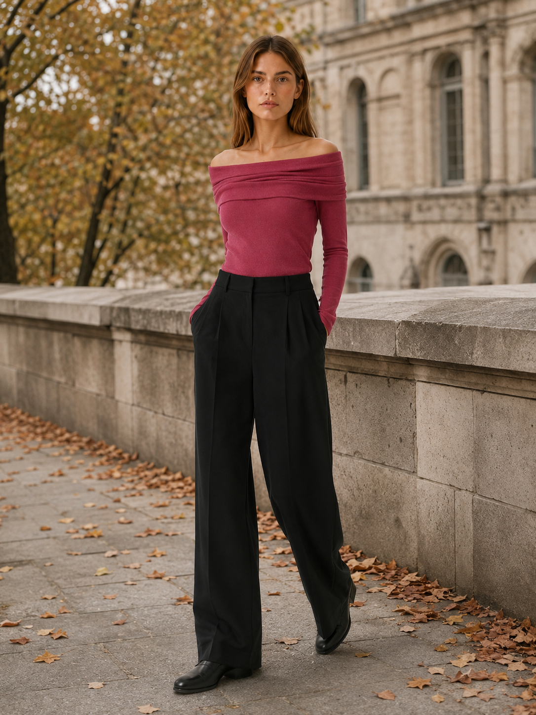 Serilda | Off Shoulder Top with Foldover Neckline and Long Sleeves
