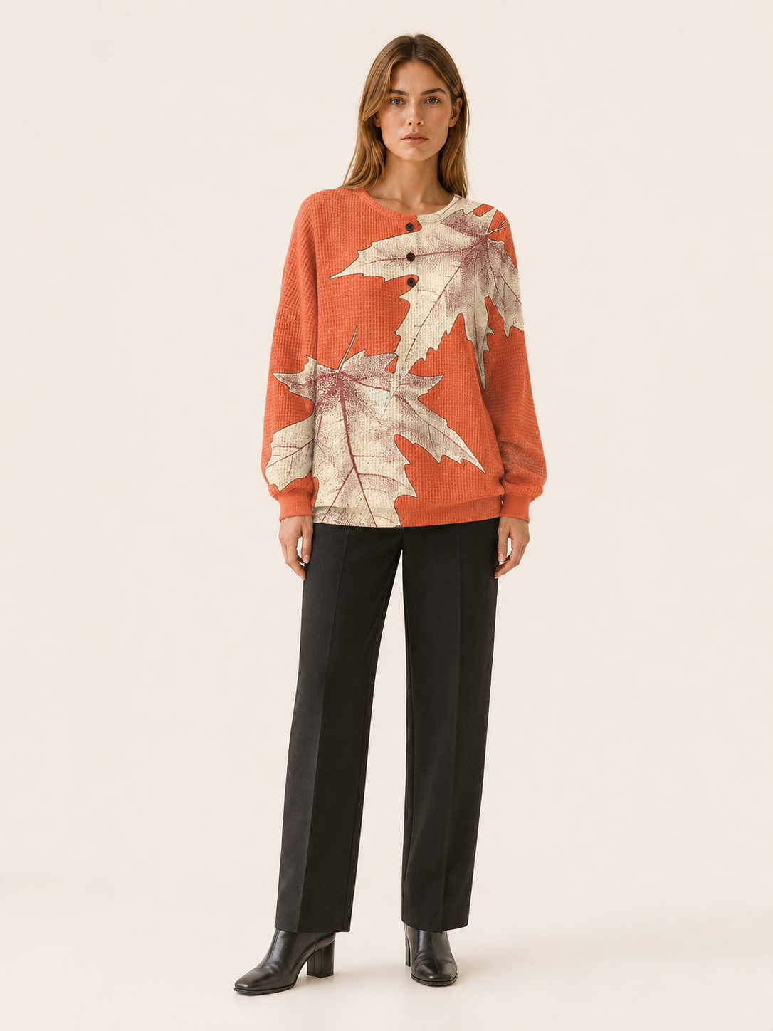 Solvayne | Women's Leaf Print Button Neck Jumper