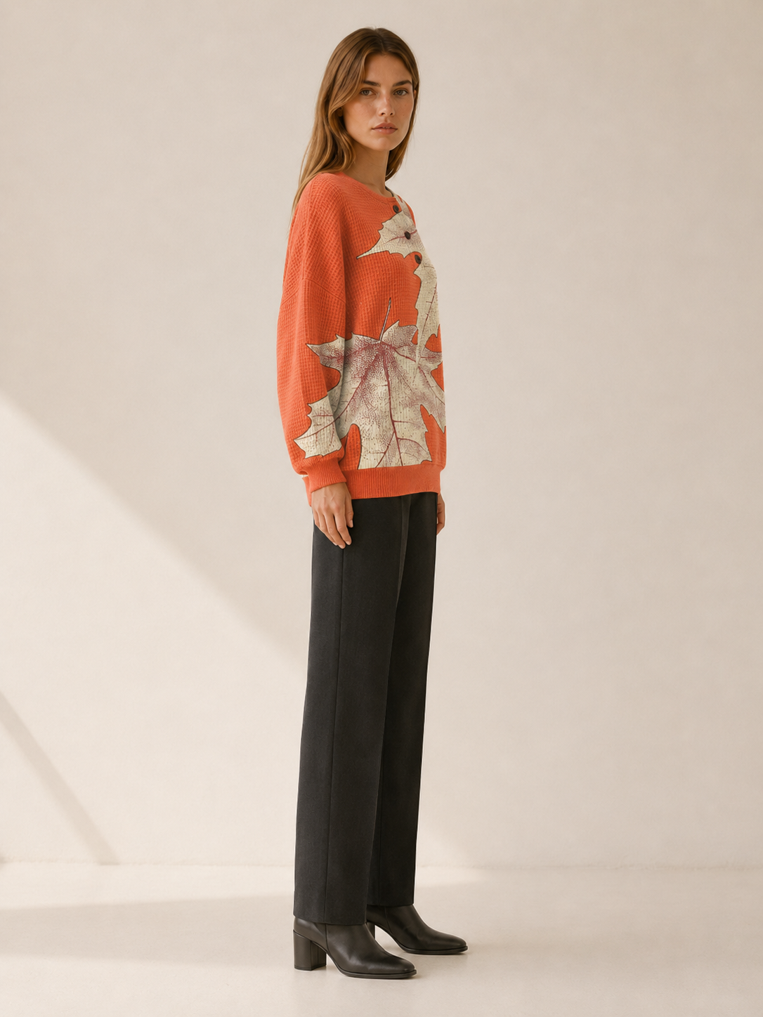 Solvayne | Women's Leaf Print Button Neck Jumper