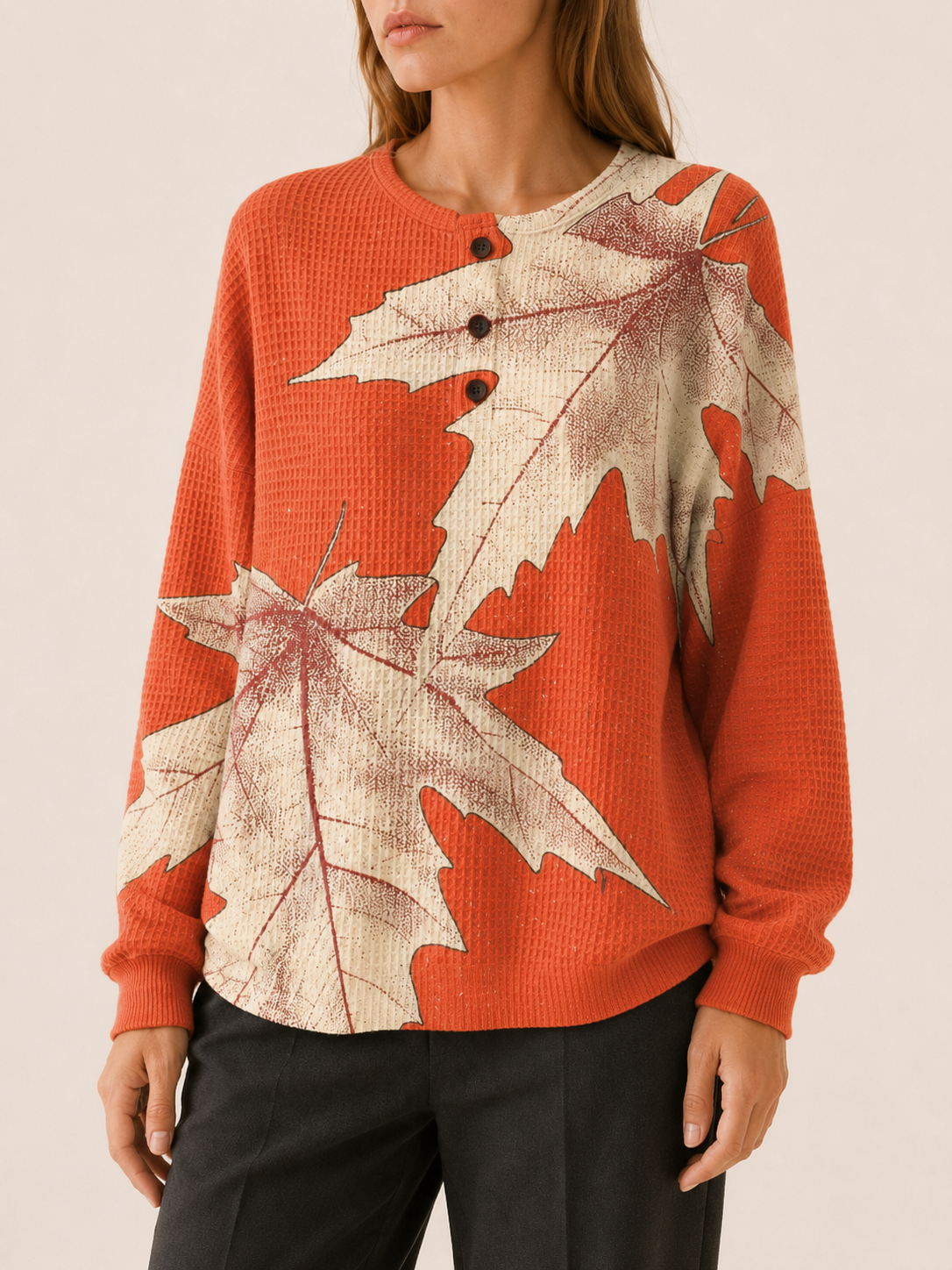 Solvayne | Women's Leaf Print Button Neck Jumper