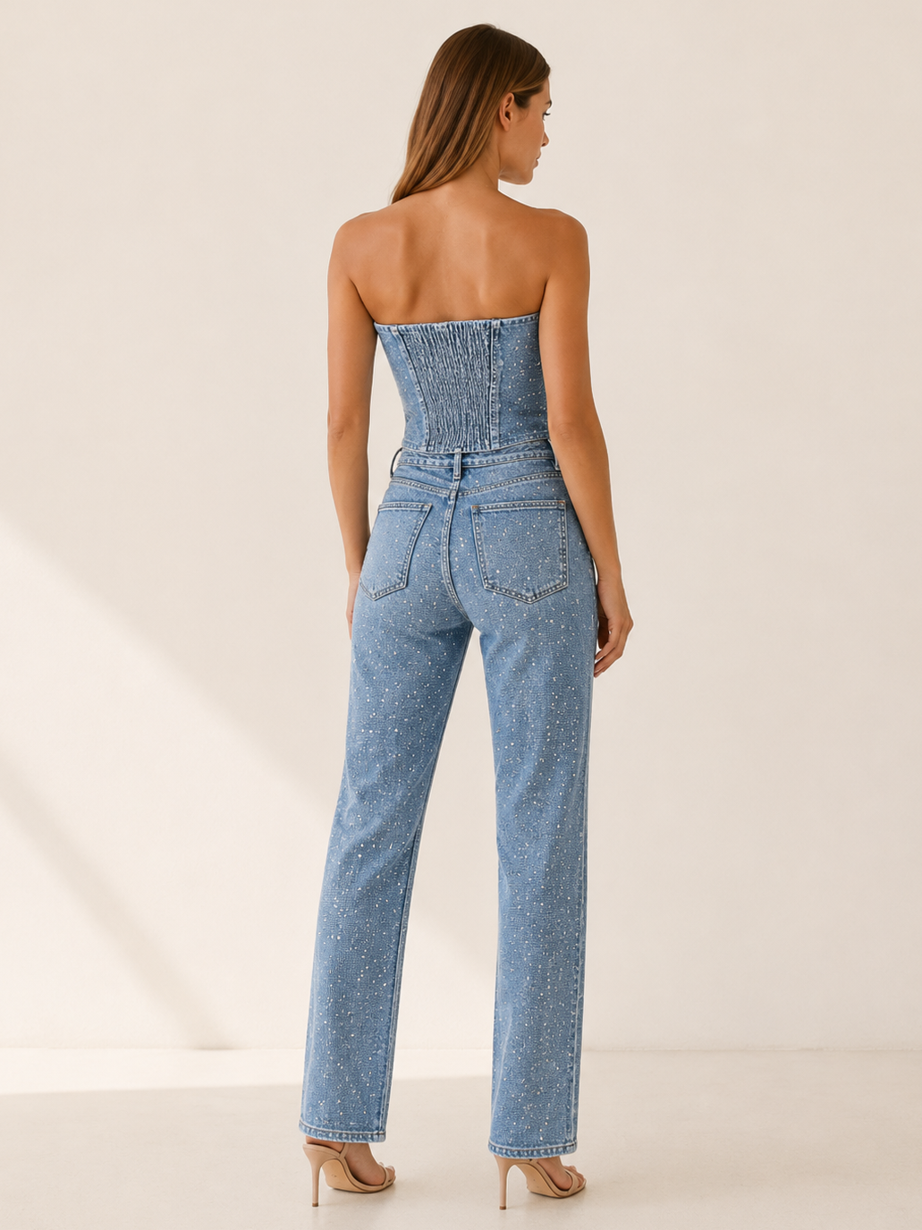 Tabitha | Glitter Denim Jumpsuit with Strapless Bodice