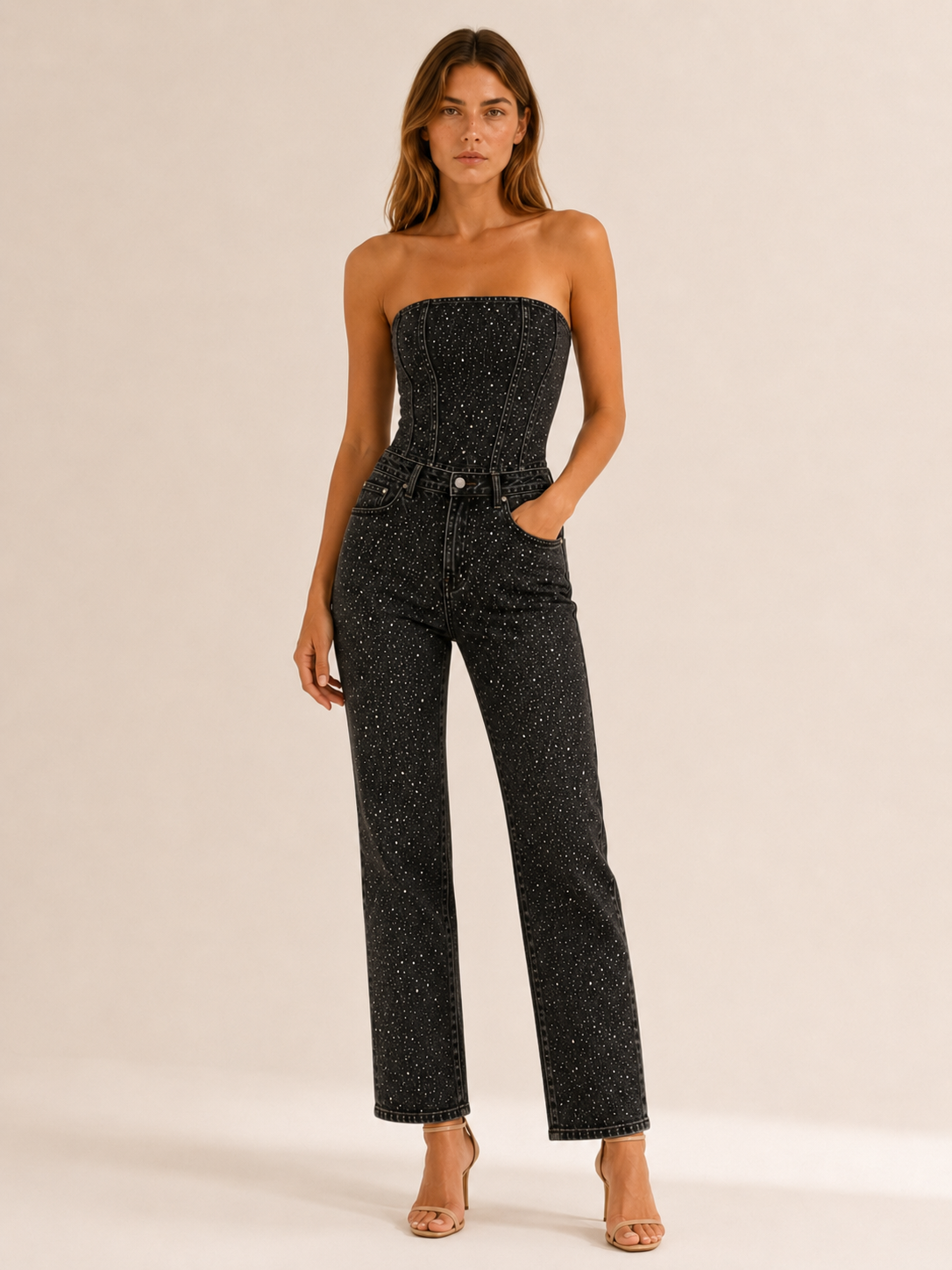 Tabitha | Glitter Denim Set with Strapless Bodice