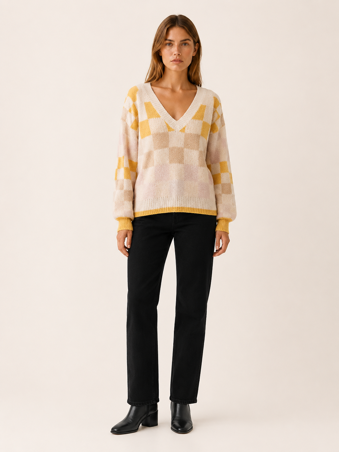 Tahlia | Checked Jumper with V-Neck and Lantern Sleeves