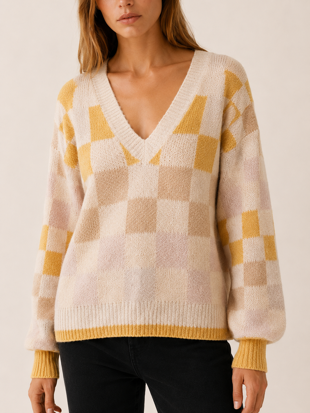 Tahlia | Checked Jumper with V-Neck and Lantern Sleeves