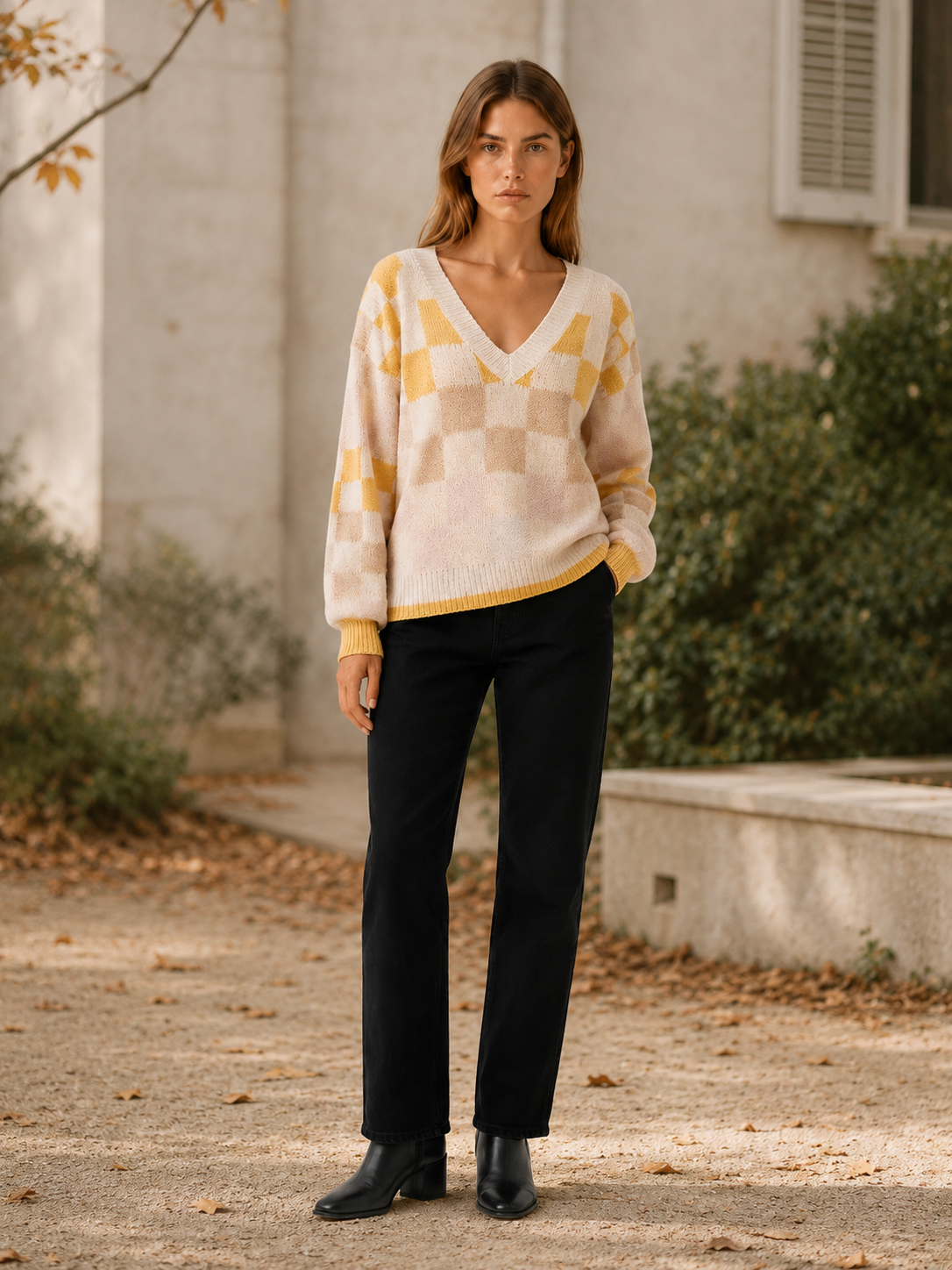 Tahlia | Checked Jumper with V-Neck and Lantern Sleeves