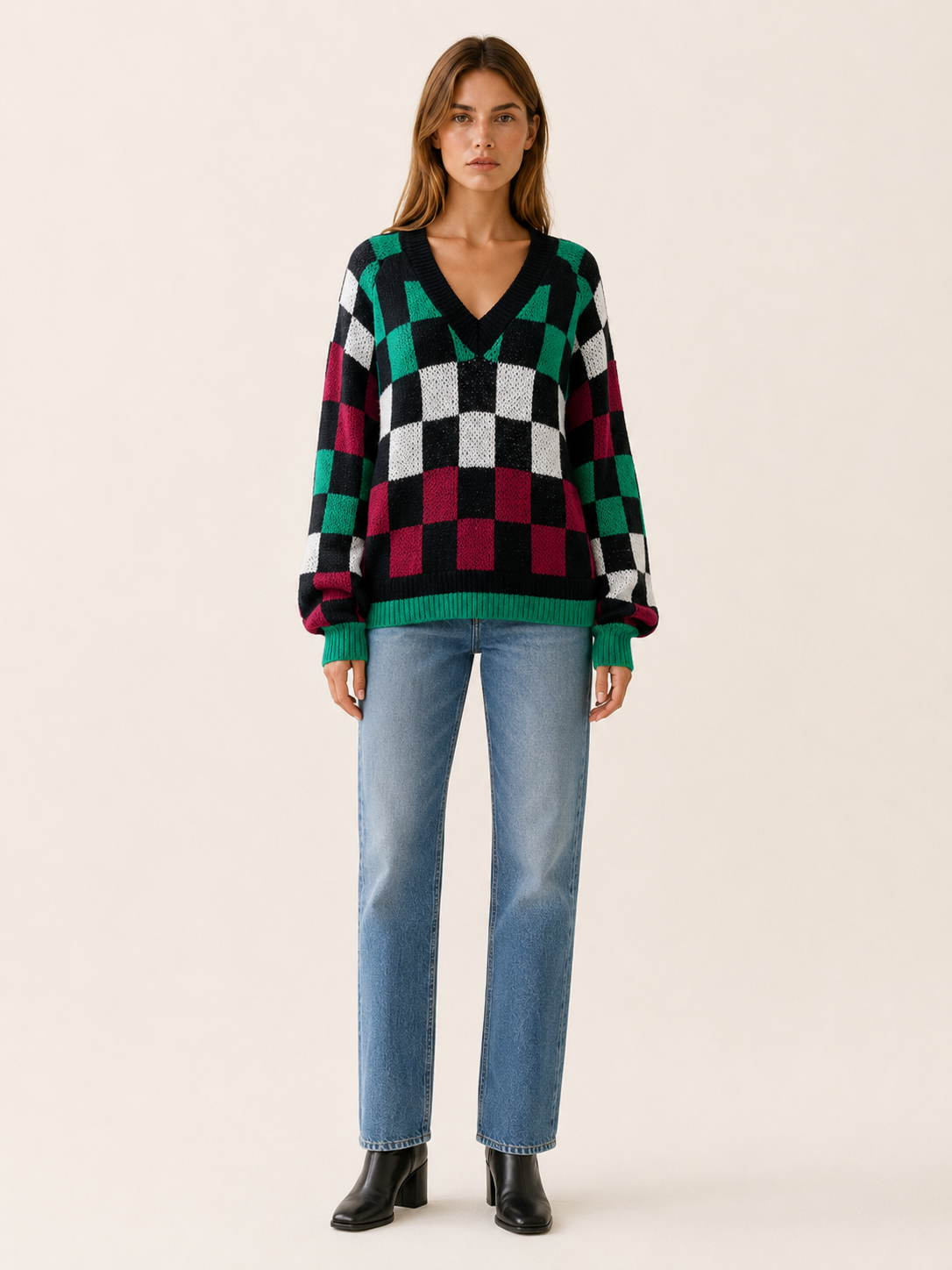 Tahlia | Checked Jumper with V-Neck and Lantern Sleeves