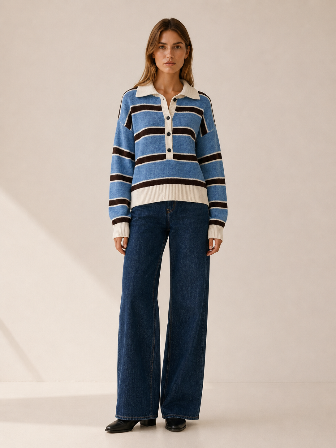 Talvera | Striped Jumper with Polo Collar and Button Neck