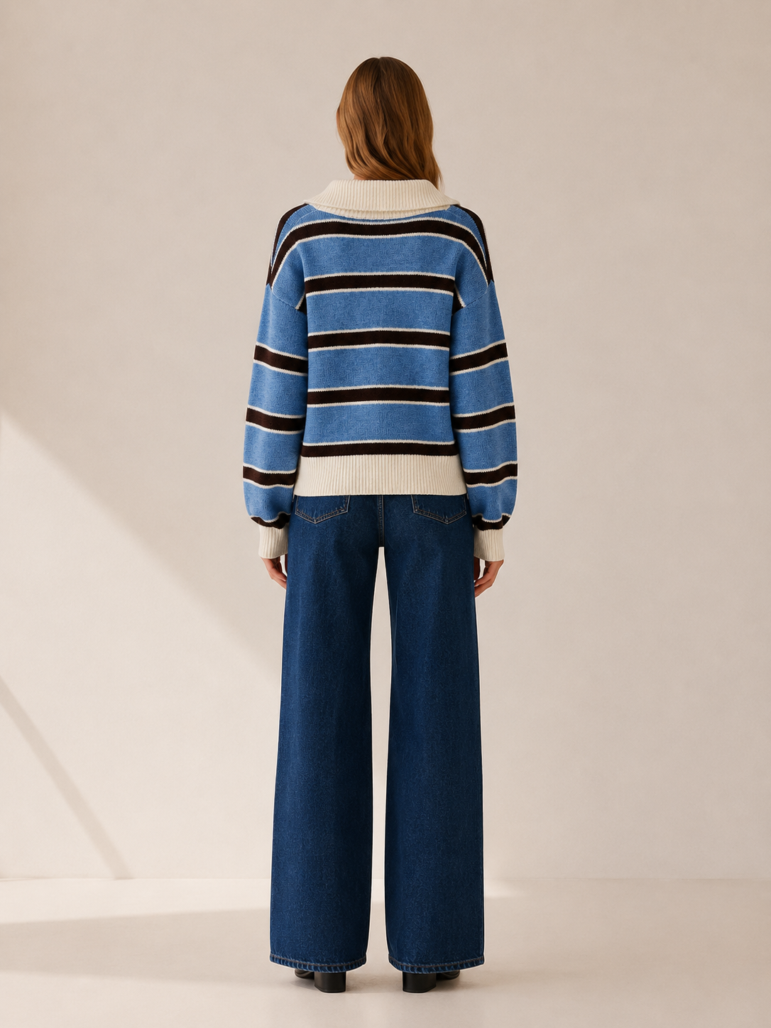 Talvera | Striped Jumper with Polo Collar and Button Neck