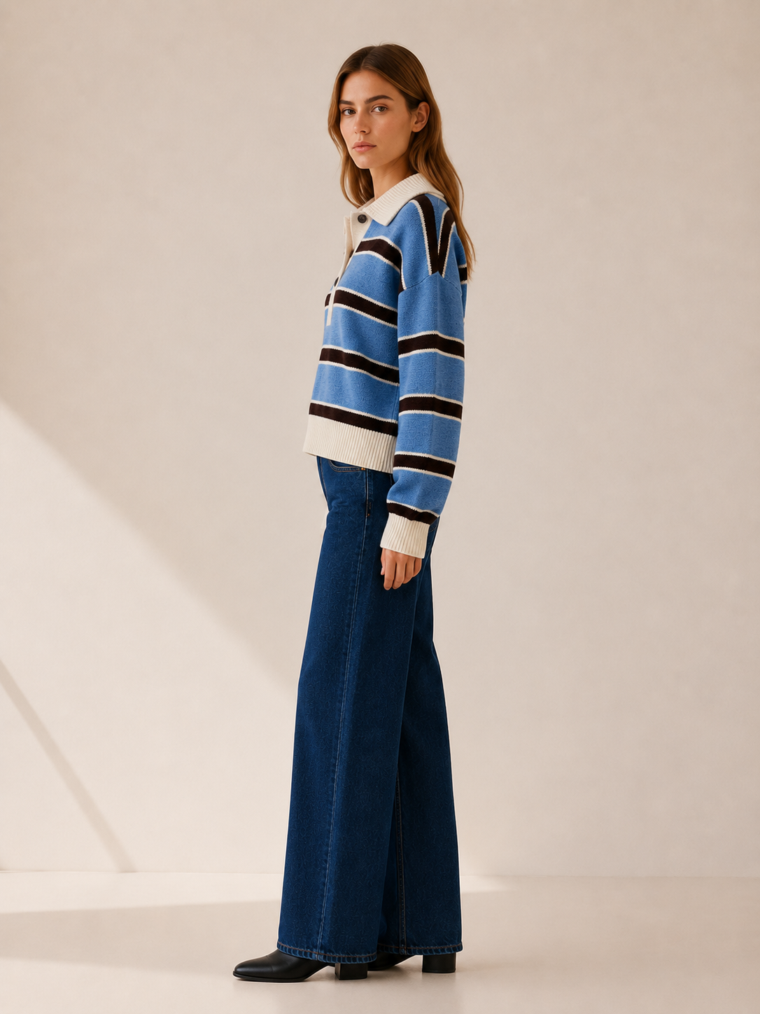 Talvera | Striped Jumper with Polo Collar and Button Neck