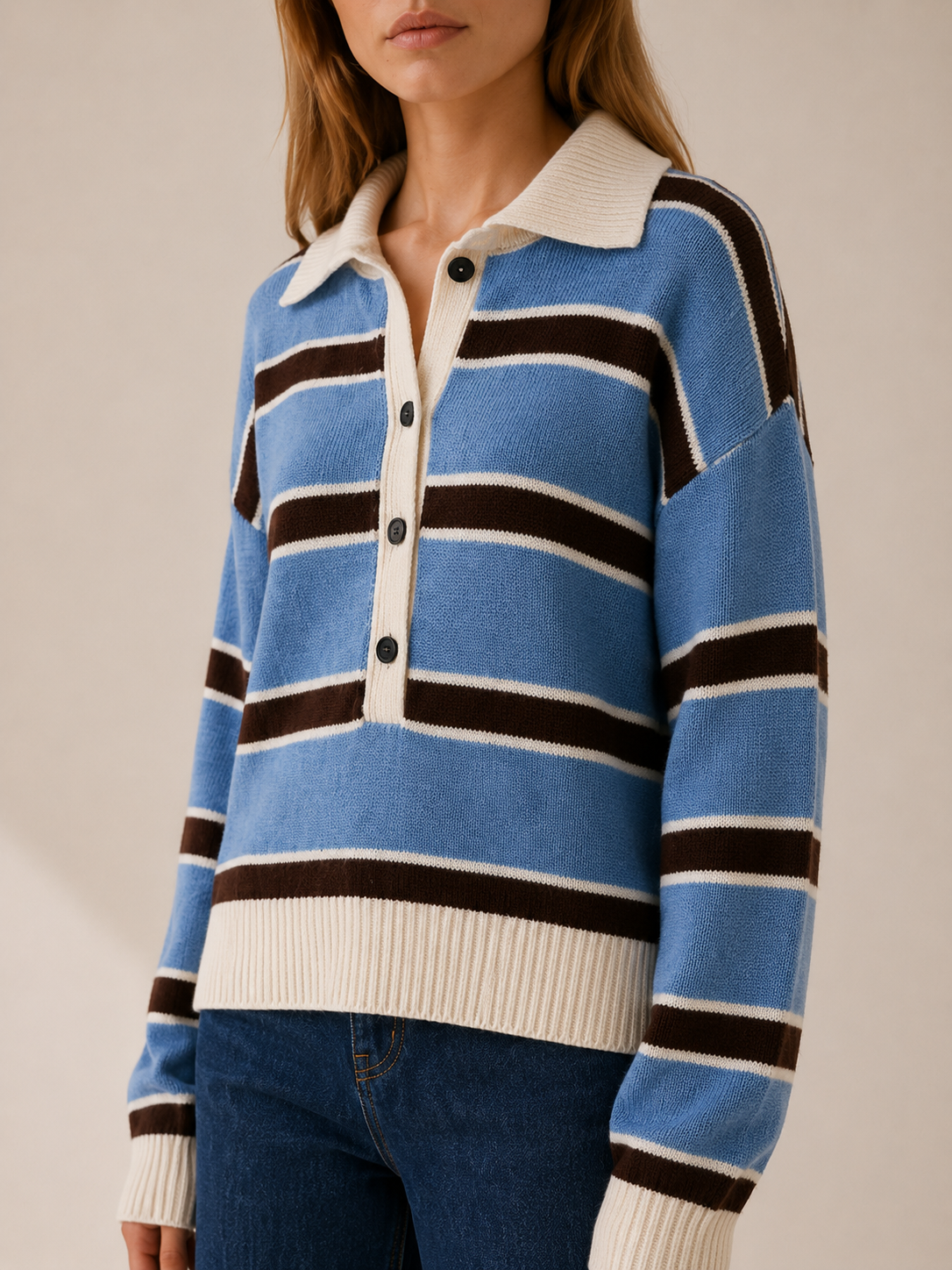 Talvera | Striped Jumper with Polo Collar and Button Neck