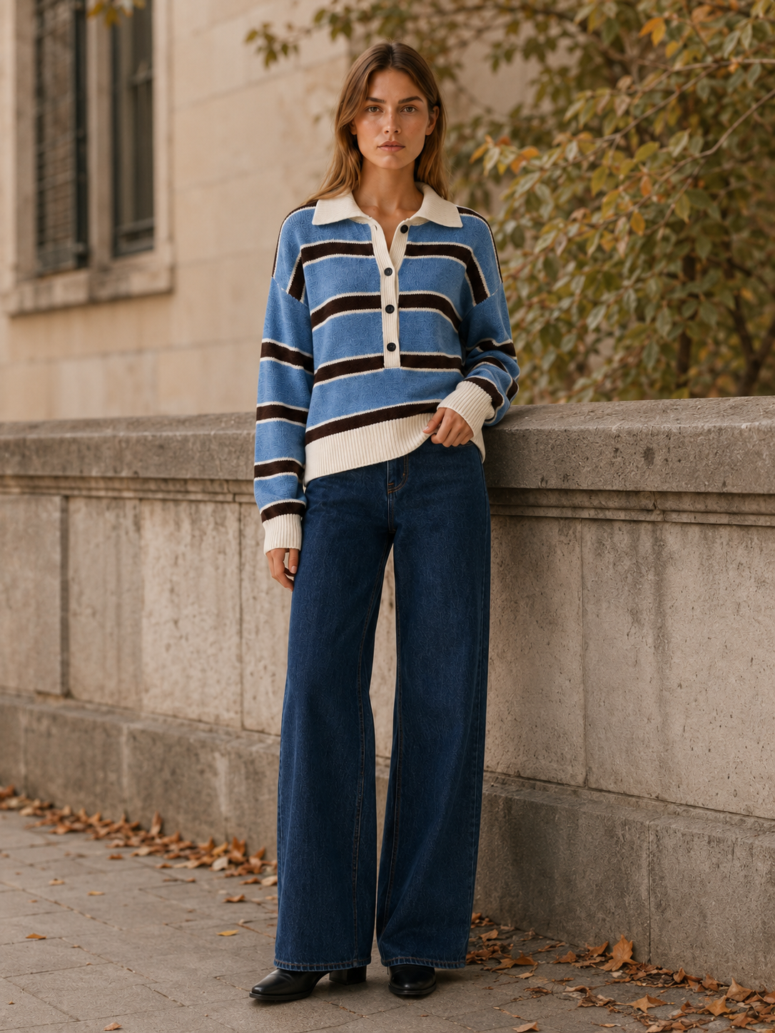 Talvera | Striped Jumper with Polo Collar and Button Neck
