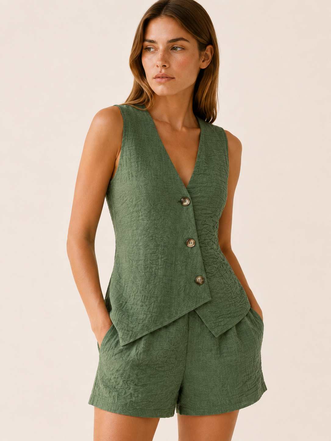 Tara | Linen Two-Piece Set with Sleeveless Button Top and Shorts