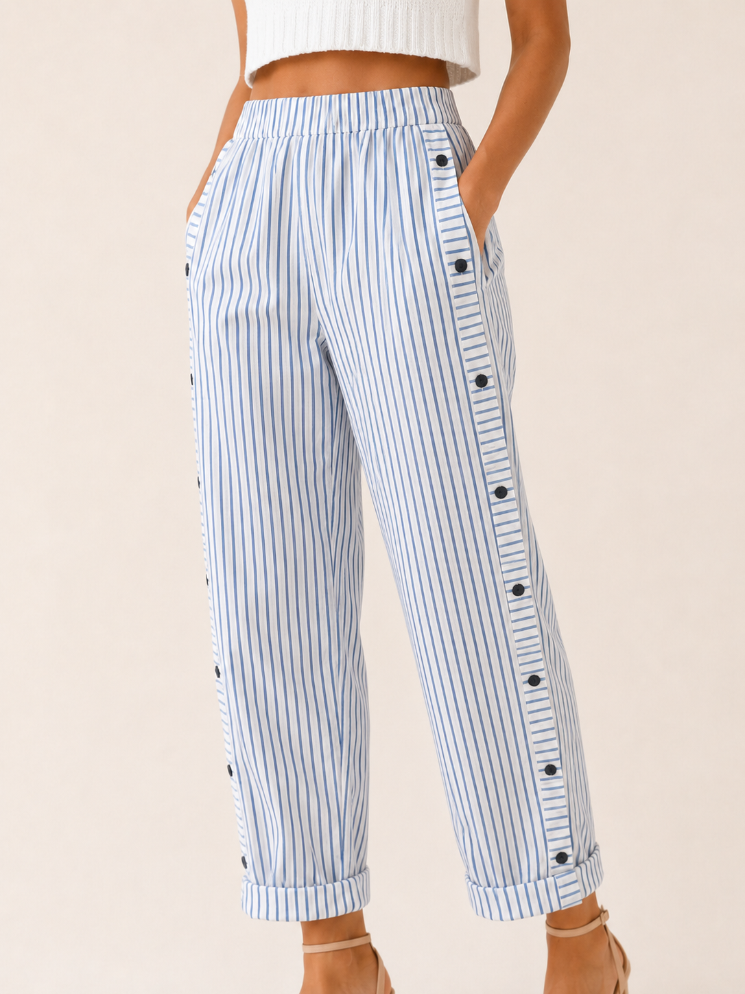 Tavella | Striped Trousers with Elastic Waist and Side Pockets