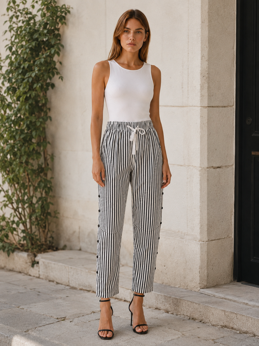 Tavella | Striped Trousers with Elastic Waist and Side Pockets